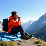 A resilient hiker, fully clothed in modest, professional outdoor gear including a waterproof jacket and durable hiking pants, sits calmly near a natural rock shelter in a vast mountain range. They are holding a small, silver emergency whistle to their lips, demonstrating a universal distress signal. A sturdy backpack and an emergency blanket are visible nearby. The scene is depicted with natural lighting under a clear sky, conveying a sense of preparedness and calm. perfect anatomy, correct proportions, natural pose, well-formed hands, proper finger count, natural body proportions, professional photography, high quality, fully clothed, appropriate attire, safe for work, modest, appropriate content.