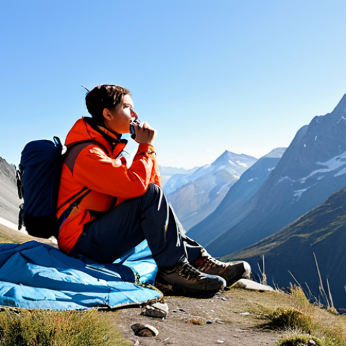A resilient hiker, fully clothed in modest, professional outdoor gear including a waterproof jacket and durable hiking pants, sits calmly near a natural rock shelter in a vast mountain range. They are holding a small, silver emergency whistle to their lips, demonstrating a universal distress signal. A sturdy backpack and an emergency blanket are visible nearby. The scene is depicted with natural lighting under a clear sky, conveying a sense of preparedness and calm. perfect anatomy, correct proportions, natural pose, well-formed hands, proper finger count, natural body proportions, professional photography, high quality, fully clothed, appropriate attire, safe for work, modest, appropriate content.