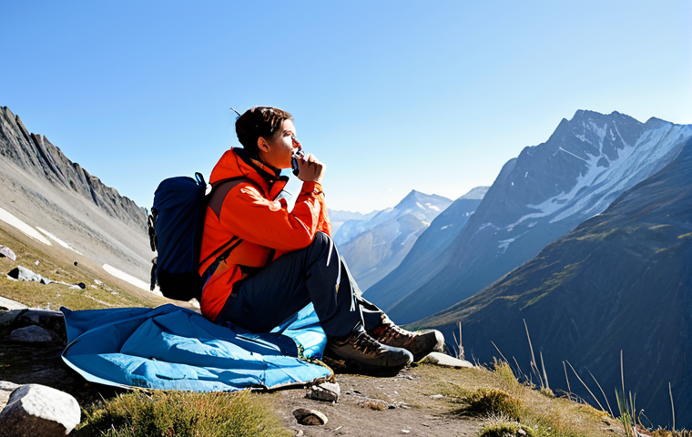 A resilient hiker, fully clothed in modest, professional outdoor gear including a waterproof jacket and durable hiking pants, sits calmly near a natural rock shelter in a vast mountain range. They are holding a small, silver emergency whistle to their lips, demonstrating a universal distress signal. A sturdy backpack and an emergency blanket are visible nearby. The scene is depicted with natural lighting under a clear sky, conveying a sense of preparedness and calm. perfect anatomy, correct proportions, natural pose, well-formed hands, proper finger count, natural body proportions, professional photography, high quality, fully clothed, appropriate attire, safe for work, modest, appropriate content.