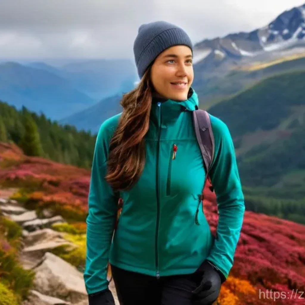 등산 시 계절별 옷차림 가이드 - **Prompt:** A young woman on a serene autumn mountain trail, showcasing a classic three-layer hiking...