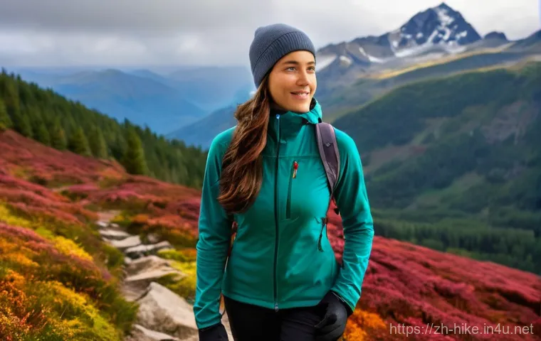 등산 시 계절별 옷차림 가이드 - **Prompt:** A young woman on a serene autumn mountain trail, showcasing a classic three-layer hiking...