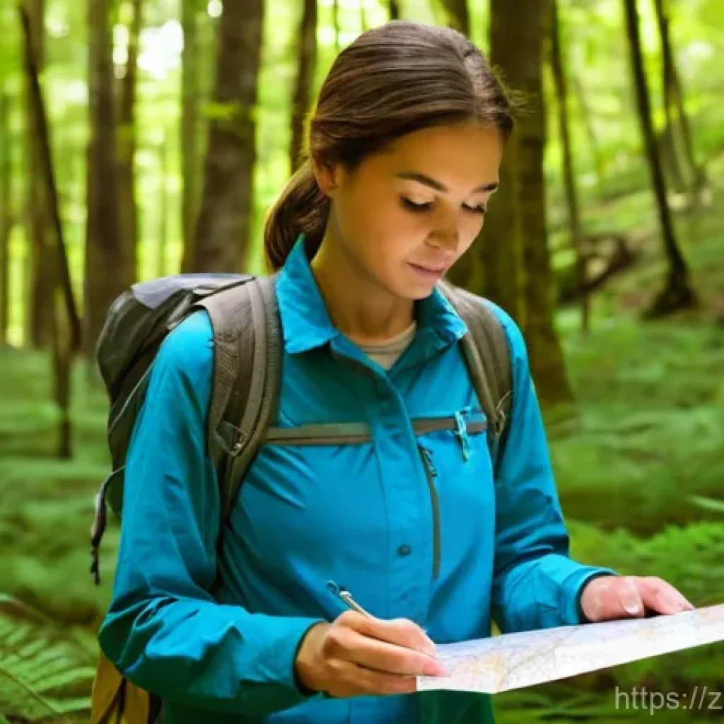 등산 초보자를 위한 길찾기 팁 - **Prompt 1: The Reliable Old Companions - Map and Compass**
A focused, adventurous female hiker,...