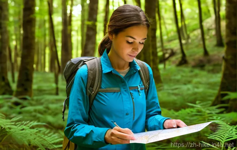 등산 초보자를 위한 길찾기 팁 - **Prompt 1: The Reliable Old Companions - Map and Compass**
    A focused, adventurous female hiker,...