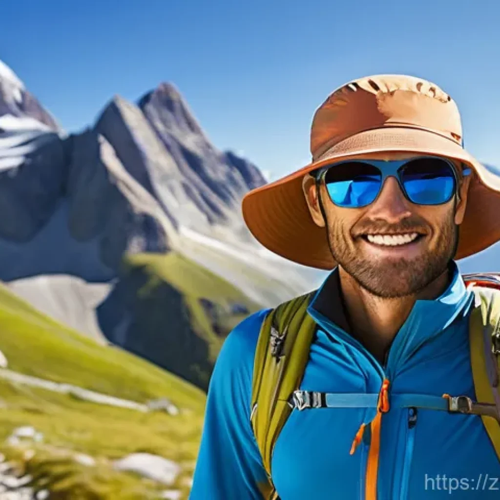 등산용 자외선 차단제 선택 팁 - **Prompt:** A fit and adventurous young adult, with clear, healthy skin, stands confidently on a sun...