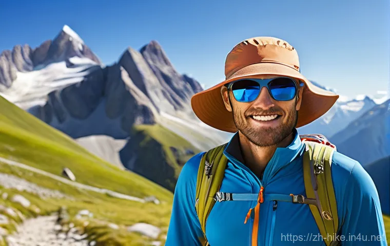등산용 자외선 차단제 선택 팁 - **Prompt:** A fit and adventurous young adult, with clear, healthy skin, stands confidently on a sun...