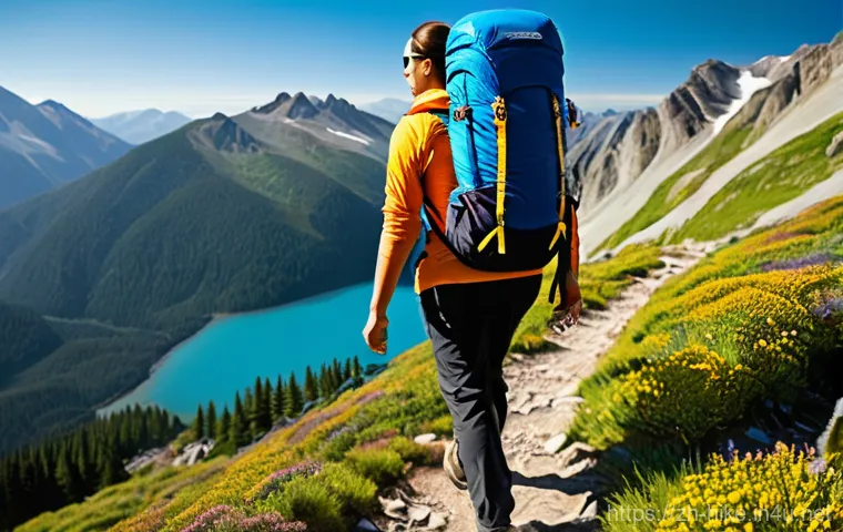 등산 배낭과 수화 시스템 비교 - **Prompt:** A diverse hiker, radiating joy and freedom, effortlessly navigates a sun-drenched mounta...
