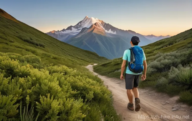 등산 후 피로 회복 방법 - **Prompt:** A young adult hiker, appearing in their late 20s or early 30s, with a relaxed yet slight...