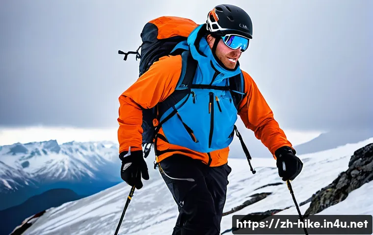 등산용 고어텍스 재킷 비교 - **GORE-TEX Pro Mountaineer in Alpine Storm:** A rugged mountaineer, male or female, mid-30s, stands ...