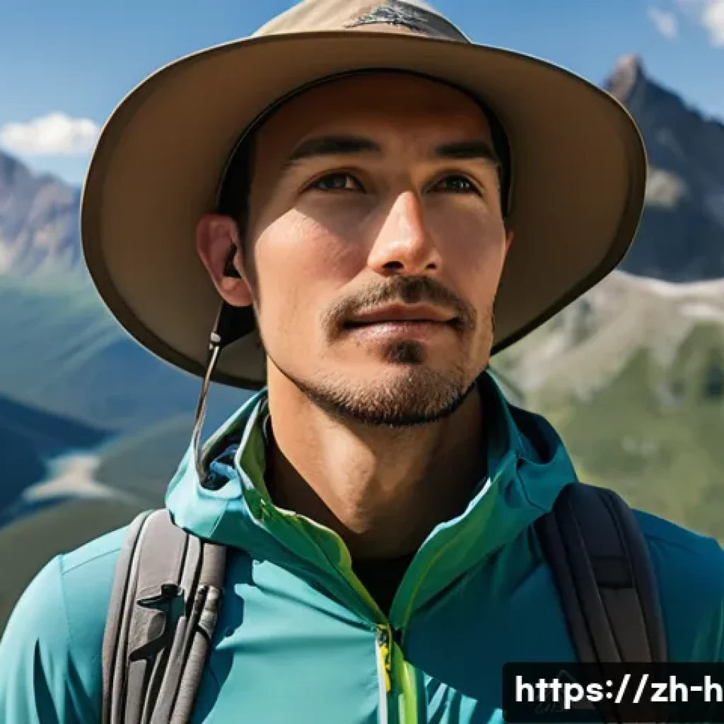 등산모 추천 - "A gender-neutral hiker in their early 30s, confidently navigating a challenging, sun-drenched high-...