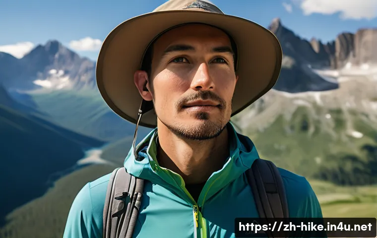 등산모 추천 - "A gender-neutral hiker in their early 30s, confidently navigating a challenging, sun-drenched high-...