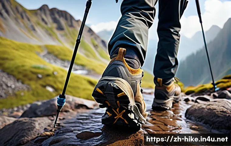 등산 중 발생할 수 있는 부상 - A detailed scene of a hiker wearing appropriate hiking gear on a rugged mountain trail: sturdy hikin...