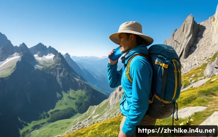 등산 중 적합한 물 섭취량 - A detailed scene of a hiker on a steep mountain trail during a sunny day, wearing breathable hiking ...