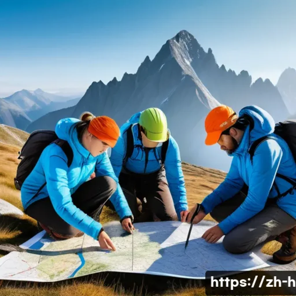 등산 사고 예방을 위한 팁 - A detailed scene of a hiking group carefully planning their mountain route before setting off, gathe...