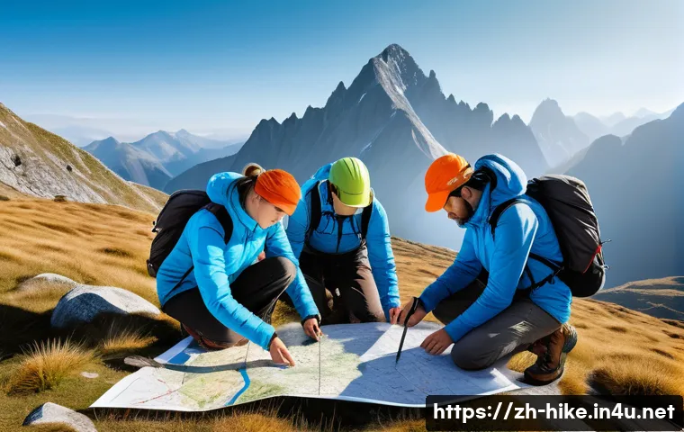 등산 사고 예방을 위한 팁 - A detailed scene of a hiking group carefully planning their mountain route before setting off, gathe...