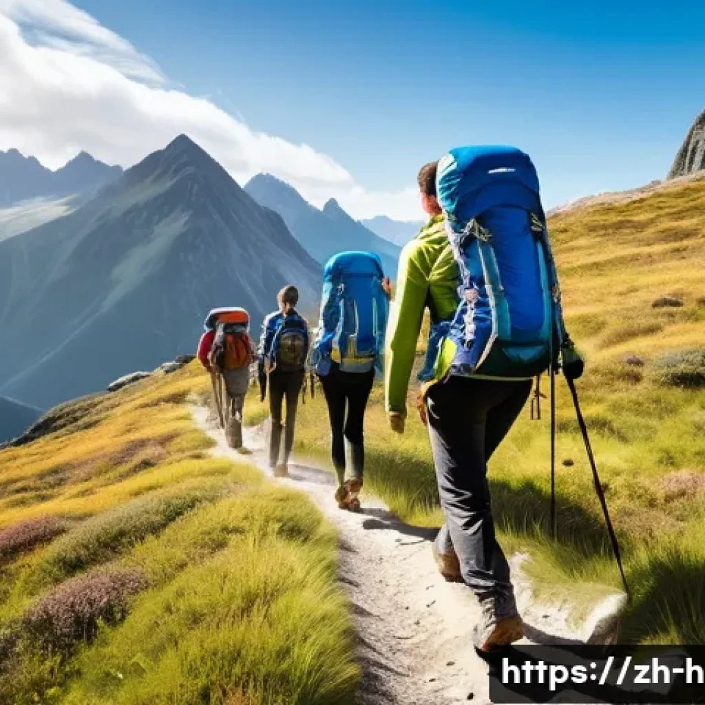 등산 속도 조절 요령 - A detailed scene of a group of hikers walking steadily on a flat mountain trail under bright sunligh...