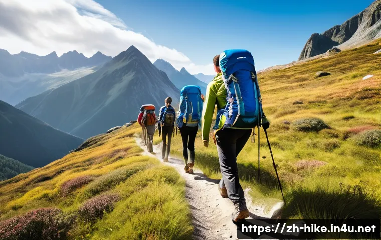 등산 속도 조절 요령 - A detailed scene of a group of hikers walking steadily on a flat mountain trail under bright sunligh...