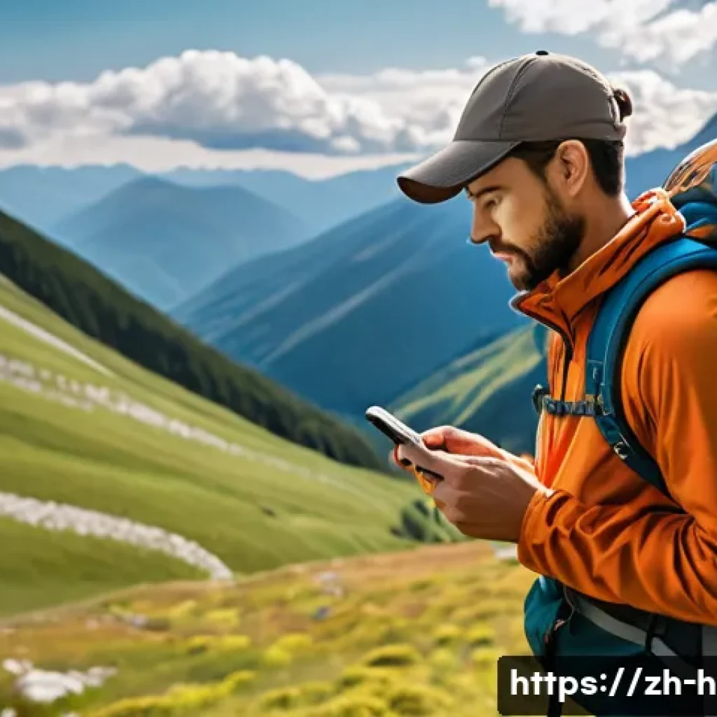 등산 중 휴대폰 배터리 절약 팁 - A detailed outdoor scene showing a hiker on a mountain trail adjusting smartphone settings to save b...