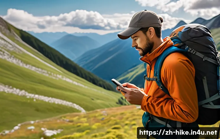 등산 중 휴대폰 배터리 절약 팁 - A detailed outdoor scene showing a hiker on a mountain trail adjusting smartphone settings to save b...