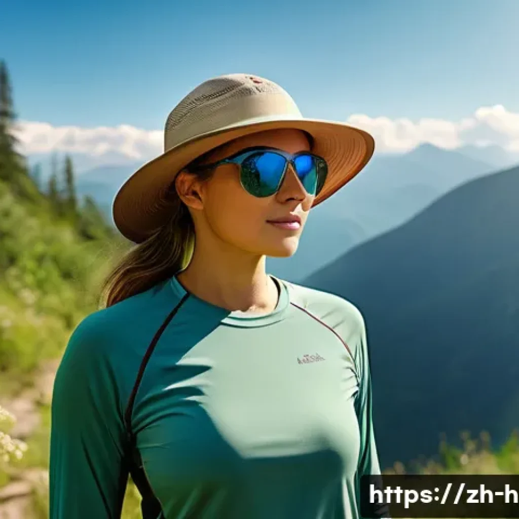 등산 중 햇볕 알레르기 예방 방법 - A detailed outdoor hiking scene featuring a young adult wearing lightweight, breathable, light-color...
