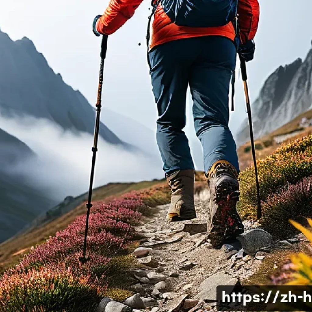 등산 스틱 꼭 필요한 이유 - A detailed scene of a hiker using telescopic aluminum trekking poles on a rugged mountain trail duri...