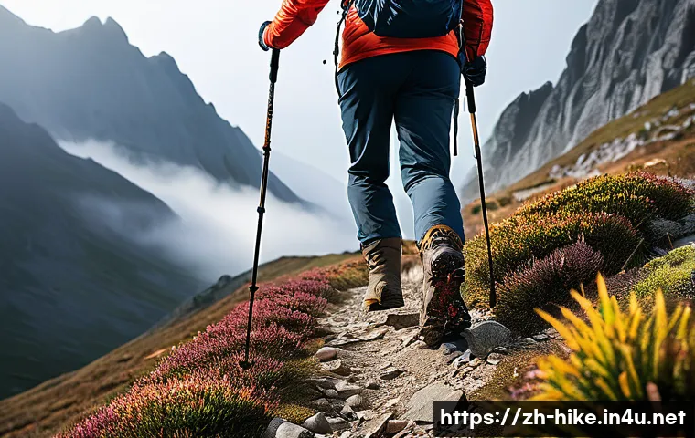등산 스틱 꼭 필요한 이유 - A detailed scene of a hiker using telescopic aluminum trekking poles on a rugged mountain trail duri...