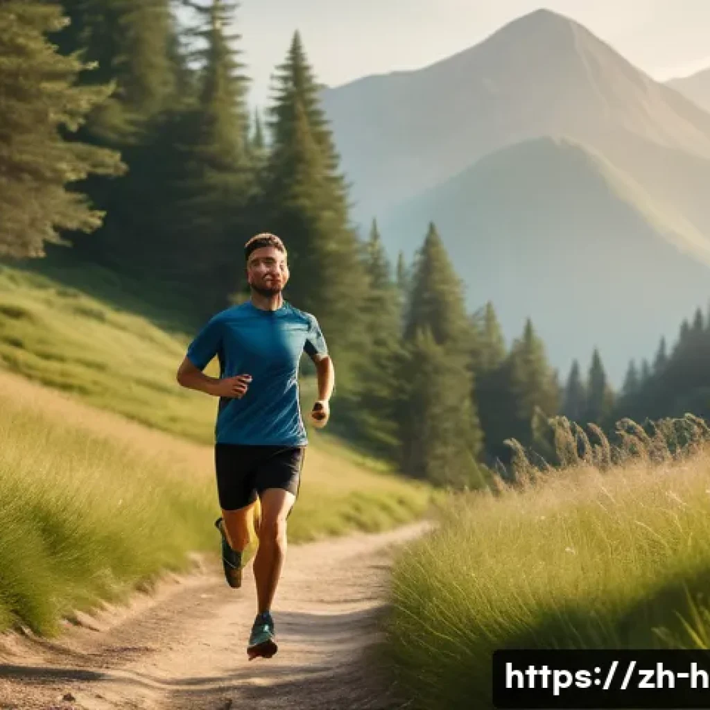 등산을 위한 심폐 지구력 강화법 - A dynamic outdoor scene featuring a young adult running on a forest trail during early morning light...