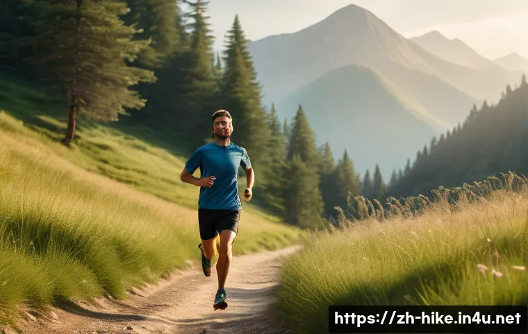 등산을 위한 심폐 지구력 강화법 - A dynamic outdoor scene featuring a young adult running on a forest trail during early morning light...