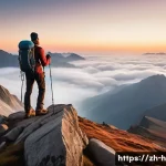 등산 사진 촬영 팁 - A breathtaking mountain landscape at sunrise, featuring golden sunlight softly illuminating layered ...