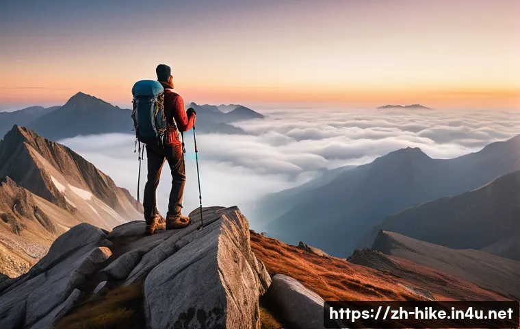 등산 사진 촬영 팁 - A breathtaking mountain landscape at sunrise, featuring golden sunlight softly illuminating layered ...