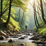 등산으로 인한 정신 건강 개선 효과 - A serene mountain hiking scene in a lush green forest during golden hour sunlight, featuring a diver...