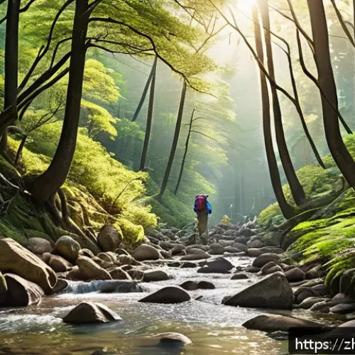 등산으로 인한 정신 건강 개선 효과 - A serene mountain hiking scene in a lush green forest during golden hour sunlight, featuring a diver...