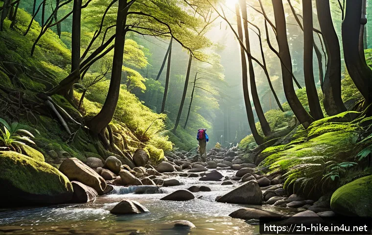 등산으로 인한 정신 건강 개선 효과 - A serene mountain hiking scene in a lush green forest during golden hour sunlight, featuring a diver...
