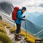 등산 스틱 길이 조절 방법 - A detailed outdoor scene featuring a hiker adjusting the length of a trekking pole on a mountainous ...