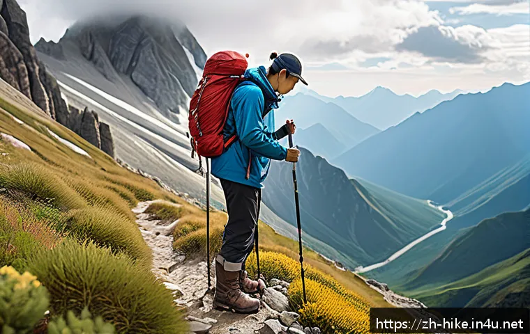 등산 스틱 길이 조절 방법 - A detailed outdoor scene featuring a hiker adjusting the length of a trekking pole on a mountainous ...