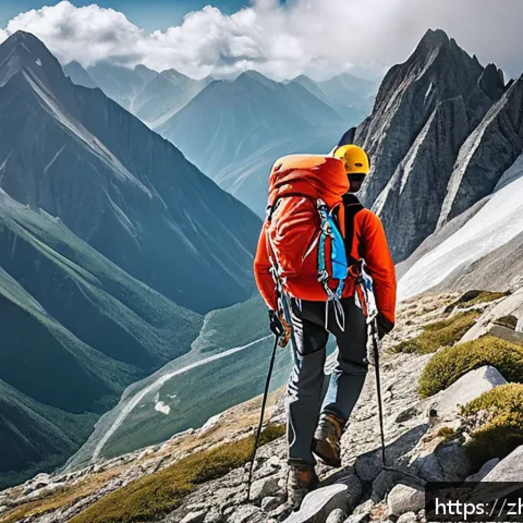 등산과 하이킹의 차이 - A professional mountain climber ascending a steep rocky slope, wearing high-quality hiking boots wit...