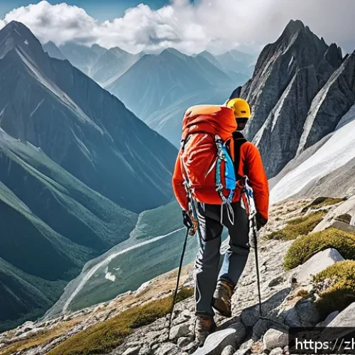 등산과 하이킹의 차이 - A professional mountain climber ascending a steep rocky slope, wearing high-quality hiking boots wit...