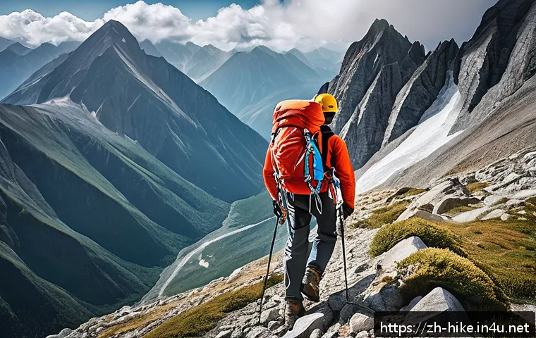 등산과 하이킹의 차이 - A professional mountain climber ascending a steep rocky slope, wearing high-quality hiking boots wit...