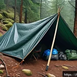등산 중 조난 시 대처법 - A detailed outdoor survival scene featuring a small group of hikers setting up a makeshift shelter i...
