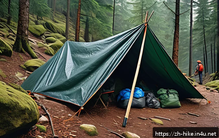 등산 중 조난 시 대처법 - A detailed outdoor survival scene featuring a small group of hikers setting up a makeshift shelter i...