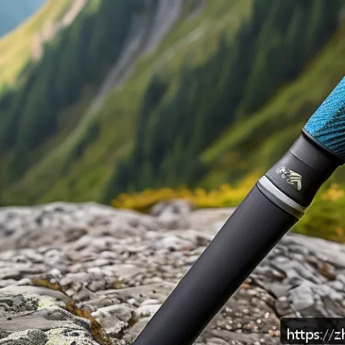 등산 스틱 소재별 장단점 - A detailed close-up of a high-performance carbon fiber hiking pole featuring a sleek, ultra-lightwei...