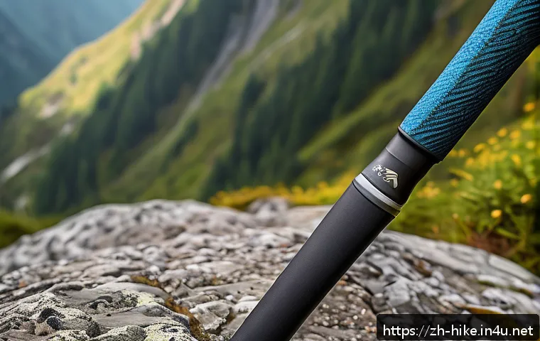 등산 스틱 소재별 장단점 - A detailed close-up of a high-performance carbon fiber hiking pole featuring a sleek, ultra-lightwei...