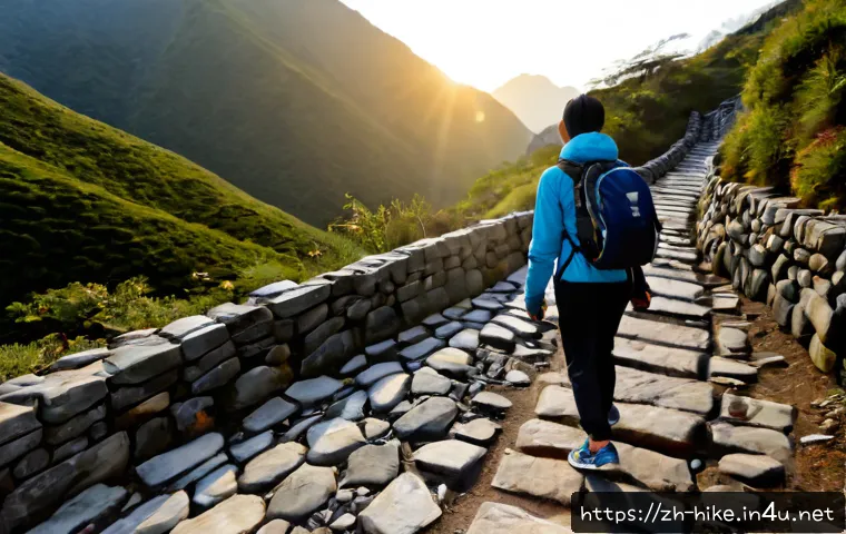 등산 초보자의 흔한 실수 - Photorealistic early morning mountain trail scene, a novice hiker wearing casual sneakers and carryi...