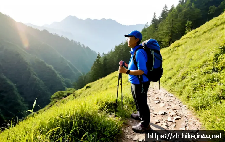 등산 시 허리 통증 예방 요령 - Photorealistic middle-aged hiker on a peaceful mountain trail, demonstrating proper backpack fit wit...